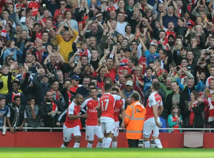 Framed Print : Mesut Ozil celebrates Arsenals 2nd goal with his team mates Framed Print : Mesut Ozil celebrates Arsenals 2nd goal with his team mates