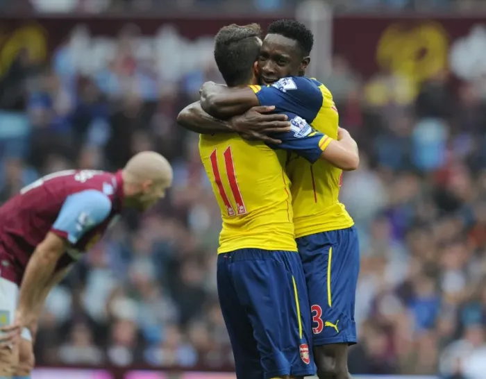 Framed Print : Mesut Ozil and Dany Welbeck Celebrate Arsenal's First Goal vs. Aston Villa (2014-15) Framed Print : Mesut Ozil and Dany Welbeck Celebrate Arsenal's First Goal vs. Aston Villa (2014-15)