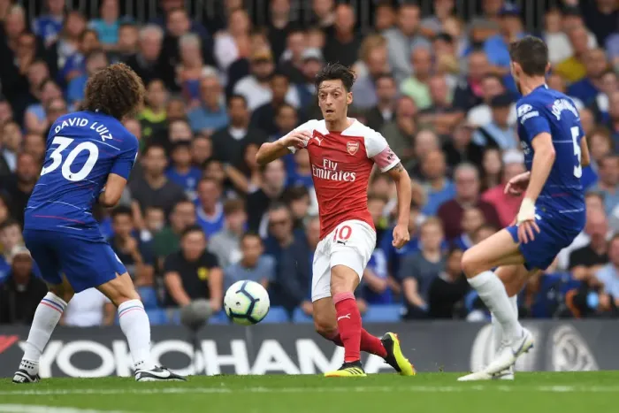 Framed Print : Mesut Ozil Dribbles Past David Luiz and Jorginho in Chelsea vs Arsenal Premier League Clash