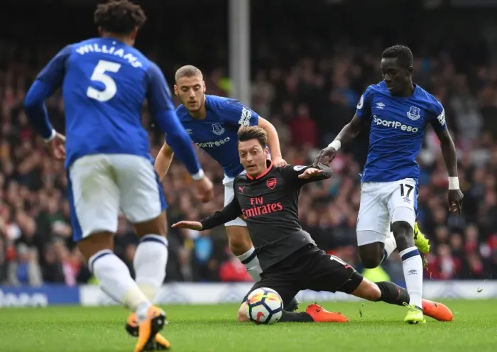 Framed Print : Mesut Ozil Fouled by Idrissa Gueye and Nikola Vlasic in Everton vs Arsenal Premier League Clash Framed Print : Mesut Ozil Fouled by Idrissa Gueye and Nikola Vlasic in Everton vs Arsenal Premier League Clash