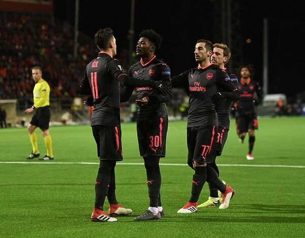 Mesut Ozil, Maitland-Niles, and Mkhitaryan Celebrate Arsenal's Europa League Goals Against Ostersunds FK