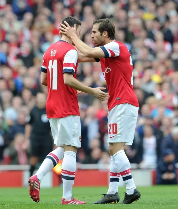 Framed Print : Mesut Ozil and Mathieu Flamini Celebrate Arsenal's First Goal Against Everton in FA Cup Quarter-Final