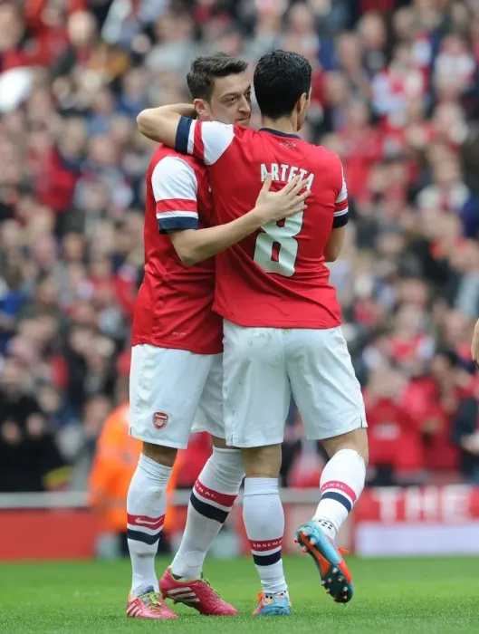 Framed Print : Mesut Ozil and Mikel Arteta Celebrate Arsenal's First Goal Against Everton in FA Cup Quarter-Final, 2014 Framed Print : Mesut Ozil and Mikel Arteta Celebrate Arsenal's First Goal Against Everton in FA Cup Quarter-Final, 2014