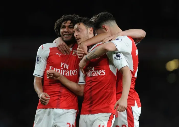 Framed Print : Mesut Ozil and Mohamed Elneny Celebrate Goal for Arsenal against West Ham United, 2016-17