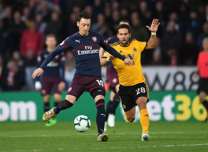 Framed Print : Mesut Ozil Under Pressure: Wolverhampton Wanderers vs. Arsenal FC, Premier League 2018-19 - Joao Moutinho Closes In Framed Print : Mesut Ozil Under Pressure: Wolverhampton Wanderers vs. Arsenal FC, Premier League 2018-19 - Joao Moutinho Closes In