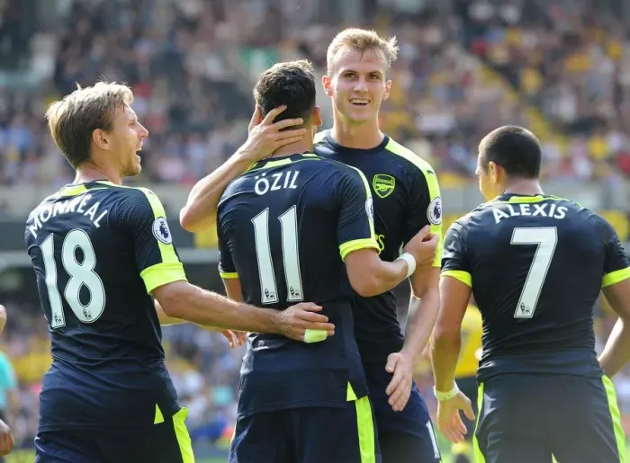Framed Print : Mesut Ozil and Rob Holding: A Celebration of Arsenal's Third Goal vs. Watford (2016-17) Framed Print : Mesut Ozil and Rob Holding: A Celebration of Arsenal's Third Goal vs. Watford (2016-17)