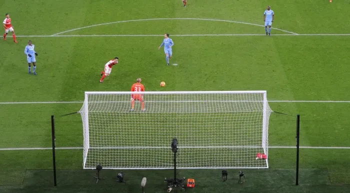 Framed Print : Mesut Ozil Scores Arsenal's Second Goal Against Stoke City (2016-17)