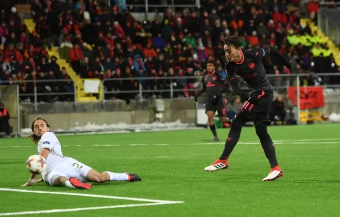 Framed Print : Mesut Ozil Scores His Third: Arsenal's Europa League Triumph over Ostersunds FK Framed Print : Mesut Ozil Scores His Third: Arsenal's Europa League Triumph over Ostersunds FK