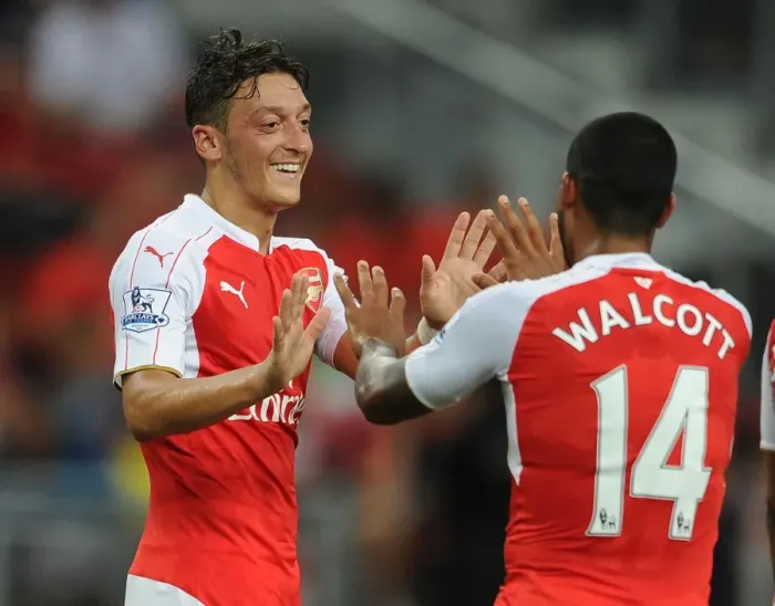 Framed Print : Mesut Ozil and Theo Walcott: Celebrating a Goal for Arsenal against Everton in the 2015 Asia Trophy Framed Print : Mesut Ozil and Theo Walcott: Celebrating a Goal for Arsenal against Everton in the 2015 Asia Trophy