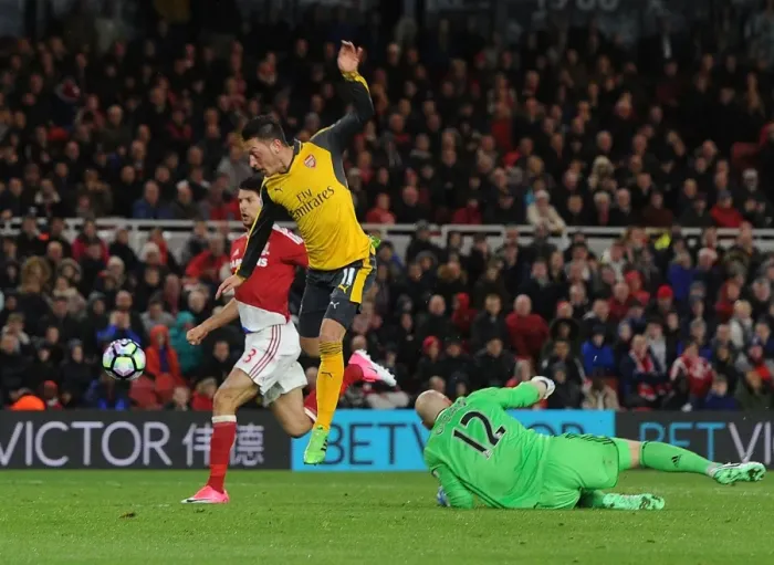 Framed Print : Mesut Ozil vs. Brad Guzan: Intense Clash at Middlesbrough's Riverside Stadium, Premier League 2016-17