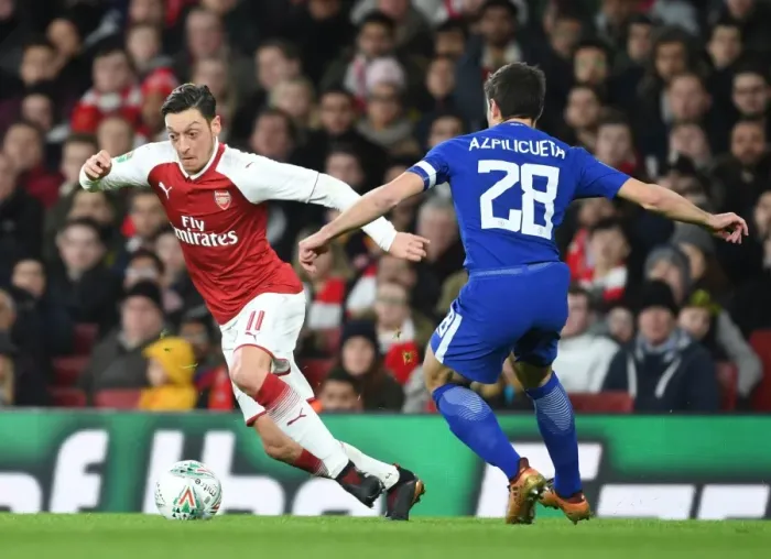Framed Print : Mesut Ozil vs Cesar Azpilicueta: Clash of the Titans in Arsenal v Chelsea Carabao Cup Semi-Final