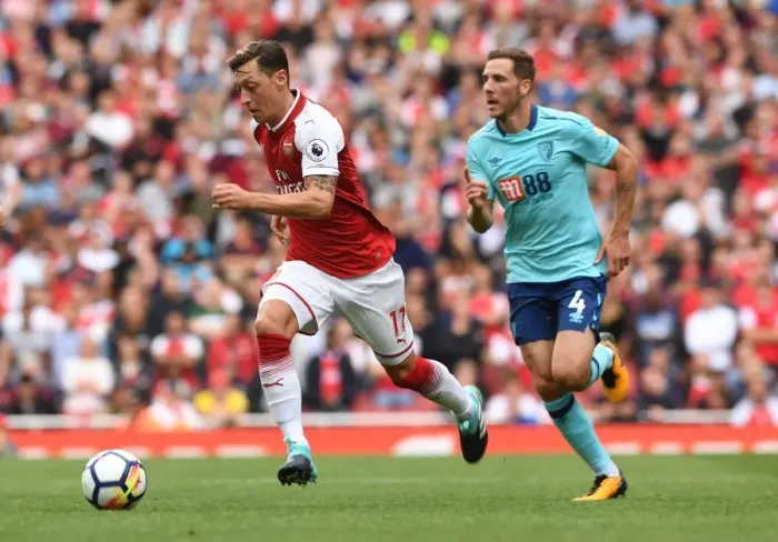 Framed Print : Mesut Ozil vs. Dan Gosling: Arsenal vs. AFC Bournemouth, Premier League Showdown (2017-18)
