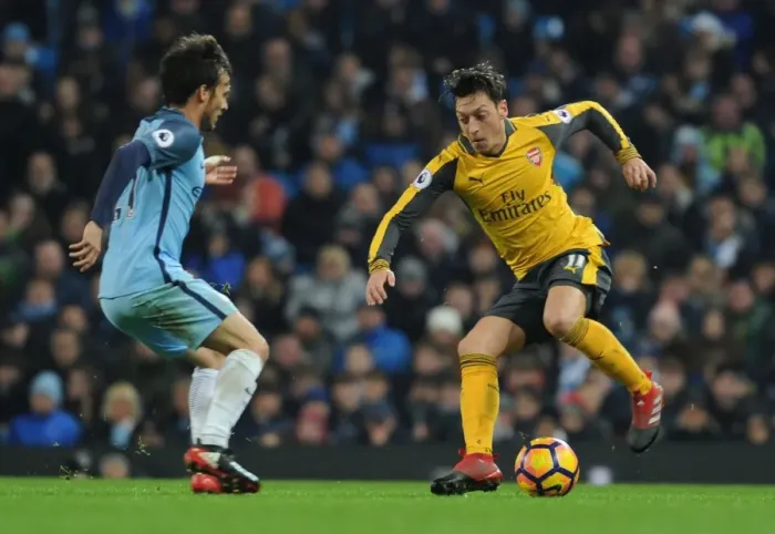 Framed Print : Mesut Ozil vs. David Silva: Battle at the Etihad - Manchester City vs. Arsenal, Premier League 2016-17