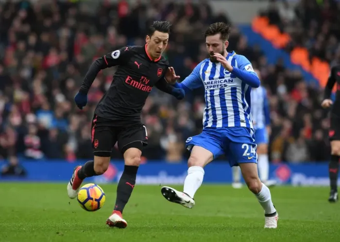 Framed Print : Mesut Ozil vs. Davy Propper: Intense Clash in Brighton and Hove Albion vs. Arsenal Premier League Match