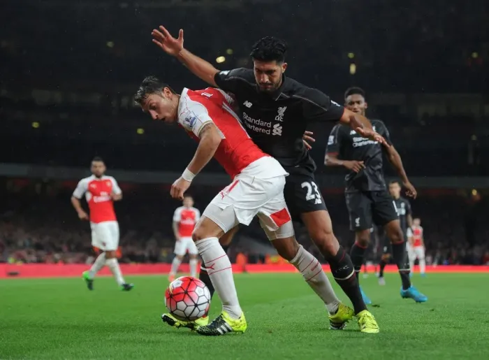 Framed Print : Mesut Ozil vs. Emre Can: A Midfield Duel at the Emirates - Arsenal vs. Liverpool, 2015 / 16 Premier League