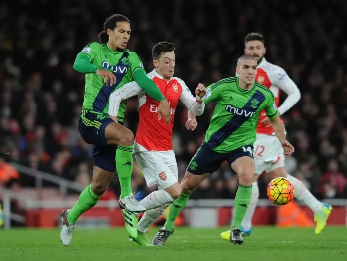 Framed Print : Mesut Ozil vs. Virgil van Dijk and Oriol Romeu: A Football Rivalry at Arsenal vs. Southampton (2015-16)