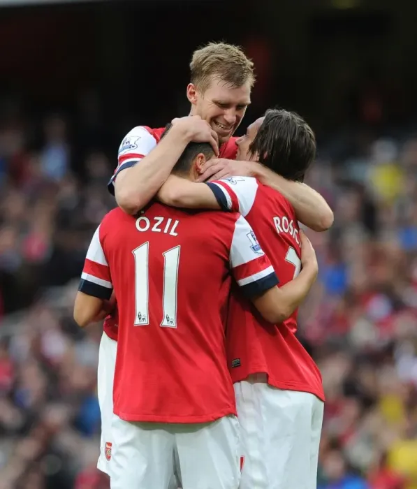 Framed Print : Mesut Ozil's Brace: Arsenal's Victory Dance with Per Mertesacker and Tomas Rosicky (Arsenal v Norwich City, 2013-14) Framed Print : Mesut Ozil's Brace: Arsenal's Victory Dance with Per Mertesacker and Tomas Rosicky (Arsenal v Norwich City, 2013-14)