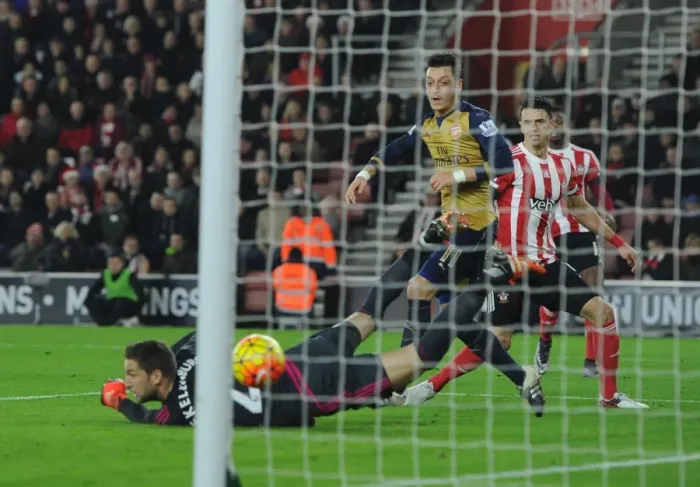 Framed Print : Mesut Ozil's Savored Shot: Southampton vs Arsenal, Premier League 2015-16 (Stekelenburg's Splendid Save)