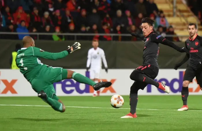Framed Print : Mesut Ozil's Shot Saved by Aly Keita in Ostersunds vs Arsenal UEFA Europa League Match