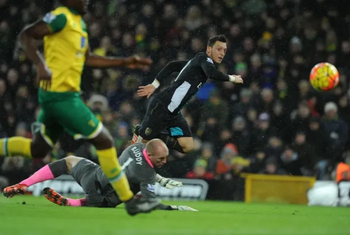 Framed Print : Mesut Ozil's Stunning Goal vs. Norwich City: Arsenal's Star Midfielder Scores Past John Ruddy, 2015-16 Premier League