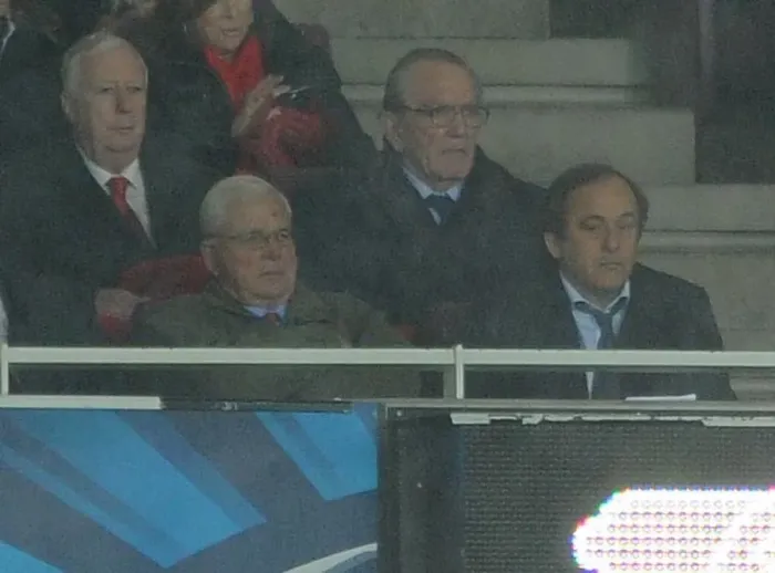 : Michele Platini (UEFA) with Arsenal Chairman Sir Chips Keswick. Arsenal 3: 3 Anderlecht : Michele Platini (UEFA) with Arsenal Chairman Sir Chips Keswick. Arsenal 3: 3 Anderlecht