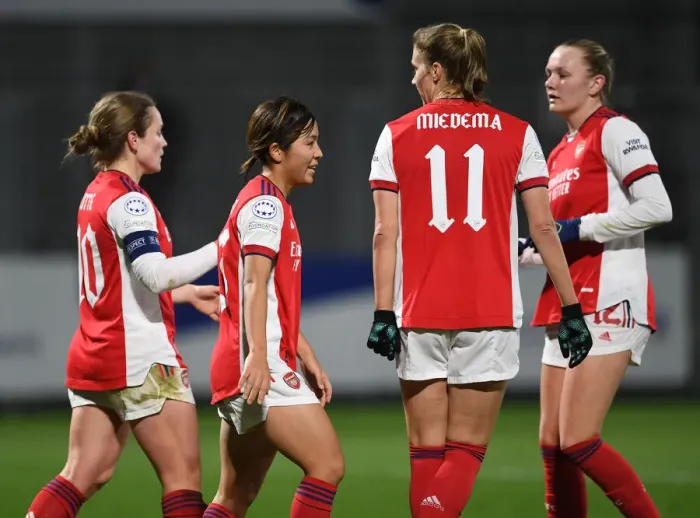 Framed Print : Miedema and Iwabuchi Celebrate Arsenal's Goal in UEFA Women's Champions League Clash vs. Hoffenheim