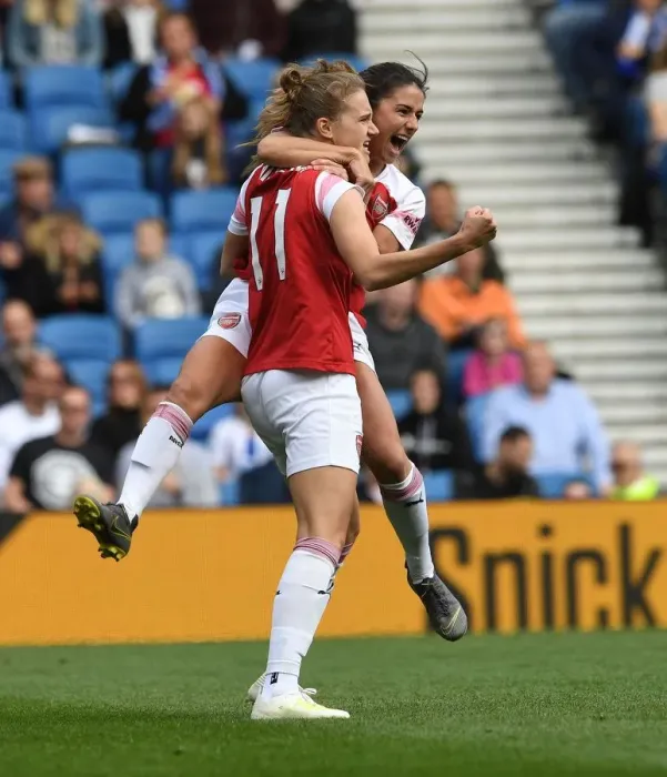 Framed Print : Miedema and van de Donk Celebrate Goal for Arsenal against Brighton Women