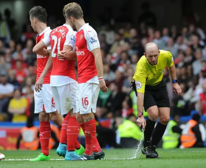 Framed Print : Mike Dean Directs Arsenal's Wall Formation during Chelsea vs Arsenal (2015-16)
