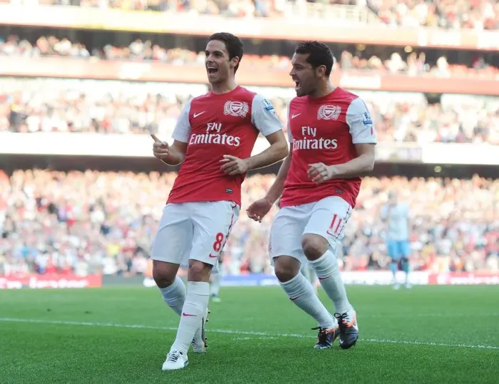 Framed Print : Mikel Arteta and Andre Santos Celebrate Arsenal's Third Goal Against Aston Villa (2011-12) Framed Print : Mikel Arteta and Andre Santos Celebrate Arsenal's Third Goal Against Aston Villa (2011-12)
