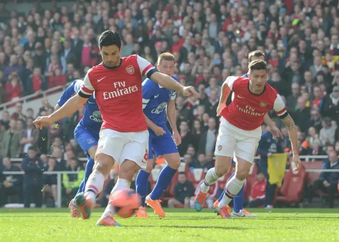 Framed Print : Mikel Arteta (Arsenal) has this penalty disallowed for Olivier Giroud encrouching Framed Print : Mikel Arteta (Arsenal) has this penalty disallowed for Olivier Giroud encrouching
