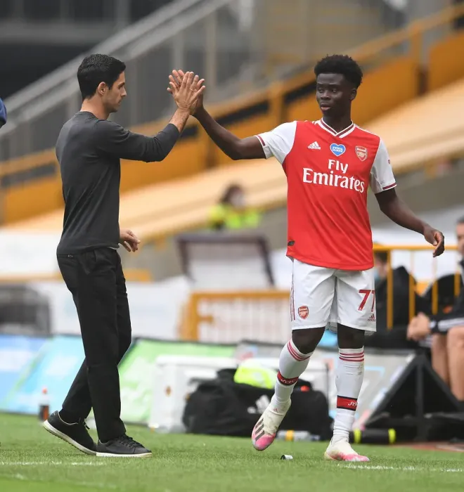 Framed Print : Mikel Arteta and Bukayo Saka: A High-Fiving Moment at Wolverhampton Wanderers vs Arsenal FC (Premier League 2019-20)