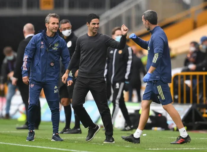Framed Print : Mikel Arteta Celebrates Arsenal's Second Goal Against Wolverhampton Wanderers (2019-2020)