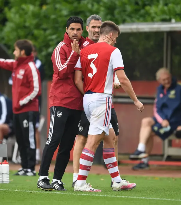 Framed Print : Mikel Arteta Comforts Substituted Kieran Tierney: Arsenal's Support Behind Closed Doors (Arsenal vs Millwall 2021-22)