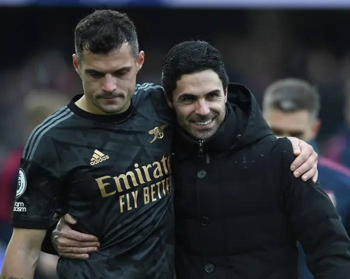 Framed Print : Mikel Arteta Consoles Granit Xhaka: Emotional Moment After Arsenal's Win Against Fulham (Fulham v Arsenal 2022-23)