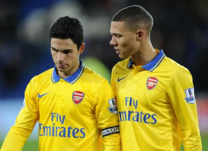 Framed Print : Mikel Arteta and Kieran Gibbs: Post-Match Moment at Cardiff City Stadium (Arsenal vs. Cardiff City, 2013-14)