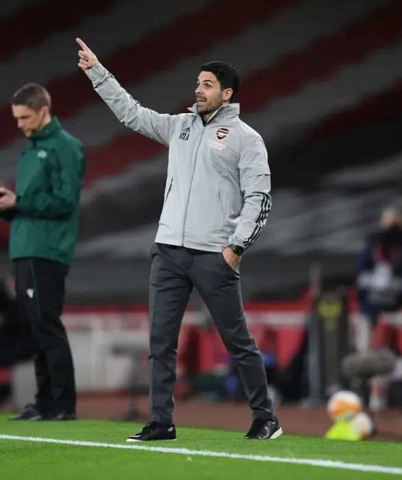 Framed Print : Mikel Arteta Leads Empty Emirates: Arsenal vs Slavia Praha in UEFA Europa League Quarterfinal