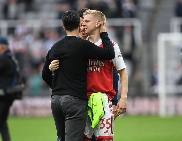 Mikel Arteta and Oleksandr Zinchenko Celebrate Arsenal's Win at Newcastle United (May 2023)