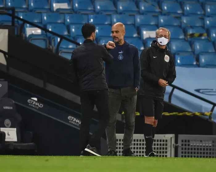 Framed Print : Mikel Arteta and Pep Guardiola: A Season's End Meeting - Manchester City vs Arsenal FC, Premier League 2019-2020 Framed Print : Mikel Arteta and Pep Guardiola: A Season's End Meeting - Manchester City vs Arsenal FC, Premier League 2019-2020