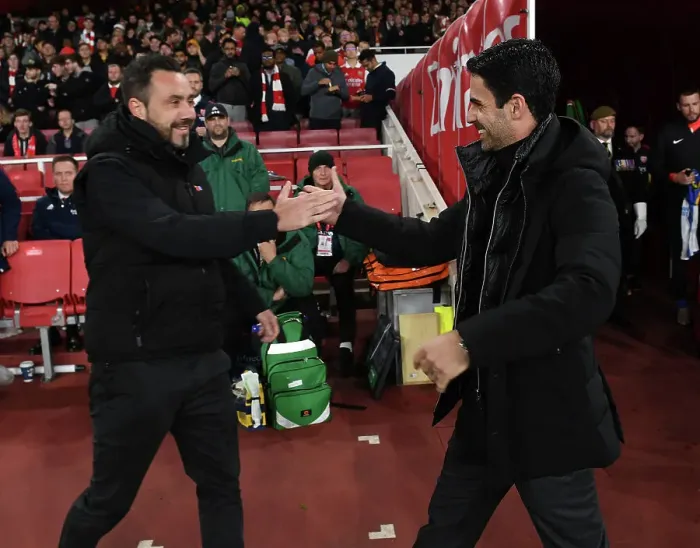 Framed Print : Mikel Arteta and Roberto De Zerbi Exchange Handshakes: Arsenal vs. Brighton in Carabao Cup Clash at Emirates Stadium Framed Print : Mikel Arteta and Roberto De Zerbi Exchange Handshakes: Arsenal vs. Brighton in Carabao Cup Clash at Emirates Stadium