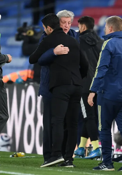 Framed Print : Mikel Arteta and Roy Hodgson Embrace After Crystal Palace vs. Arsenal Premier League Clash Framed Print : Mikel Arteta and Roy Hodgson Embrace After Crystal Palace vs. Arsenal Premier League Clash