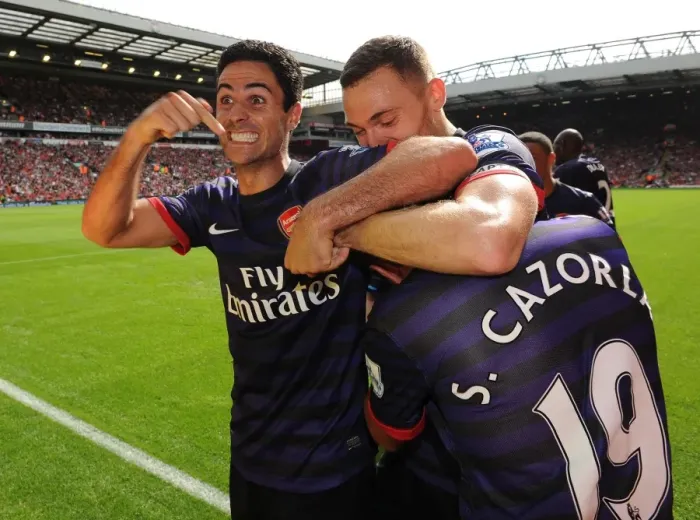 Framed Print : Mikel Arteta and Santi Cazorla Celebrate Arsenal's Goal at Anfield (2012-13) Framed Print : Mikel Arteta and Santi Cazorla Celebrate Arsenal's Goal at Anfield (2012-13)