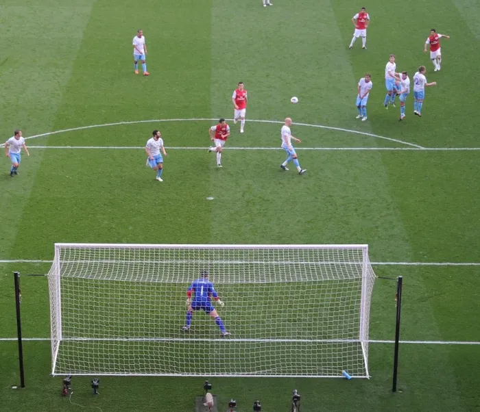 Framed Print : Mikel Arteta Scores the Third Goal: Arsenal vs. Aston Villa, Premier League 2011-12