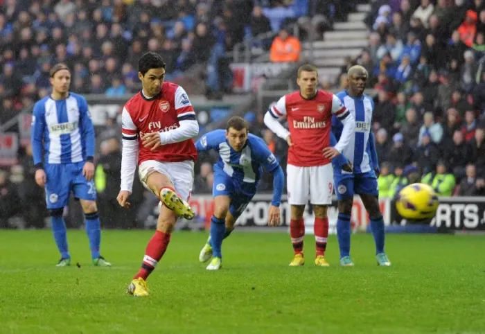Framed Print : Mikel Arteta Scores Penalty for Arsenal against Wigan Athletic (2012-13) Framed Print : Mikel Arteta Scores Penalty for Arsenal against Wigan Athletic (2012-13)