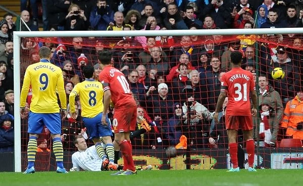 Mikel Arteta Scores Penalty Against Liverpool in Premier League Showdown, 2013-14
