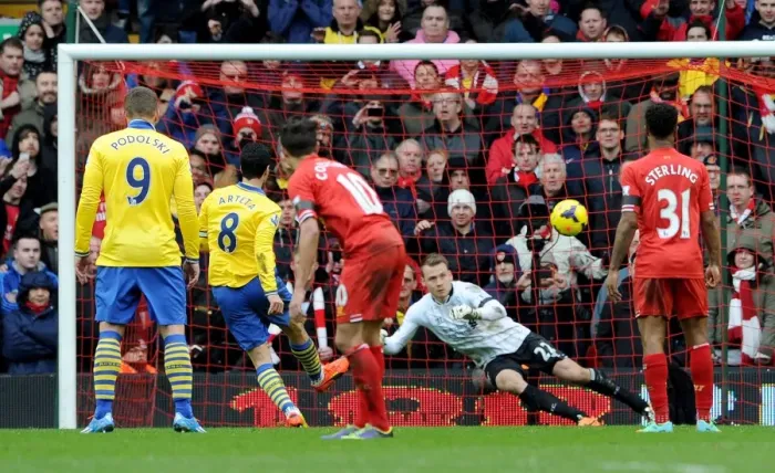 Framed Print : Mikel Arteta Scores Penalty Past Simon Mignolet: Liverpool vs Arsenal, Premier League 2013-14 Framed Print : Mikel Arteta Scores Penalty Past Simon Mignolet: Liverpool vs Arsenal, Premier League 2013-14