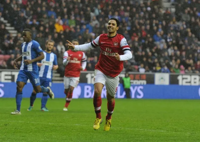 Framed Print : Mikel Arteta Scores the Winner: Wigan Athletic vs. Arsenal, Premier League 2012-13