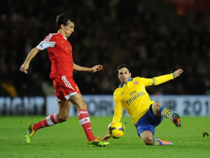 Framed Print : Mikel Arteta vs Jack Cork: Intense Battle in Southampton vs Arsenal Premier League Clash Framed Print : Mikel Arteta vs Jack Cork: Intense Battle in Southampton vs Arsenal Premier League Clash