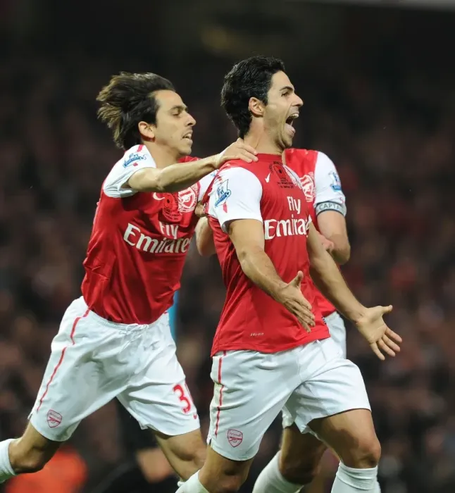 Framed Print : Mikel Arteta, Yossi Benayoun, and Robin van Persie Celebrate Arsenal's Goals Against West Bromwich Albion (2011-12)