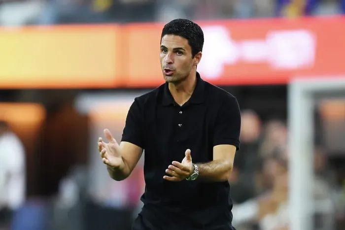 Framed Print : Mikel Arteta's Intense Reaction: Arsenal vs. FC Barcelona Pre-Season Clash at SoFi Stadium (2023)