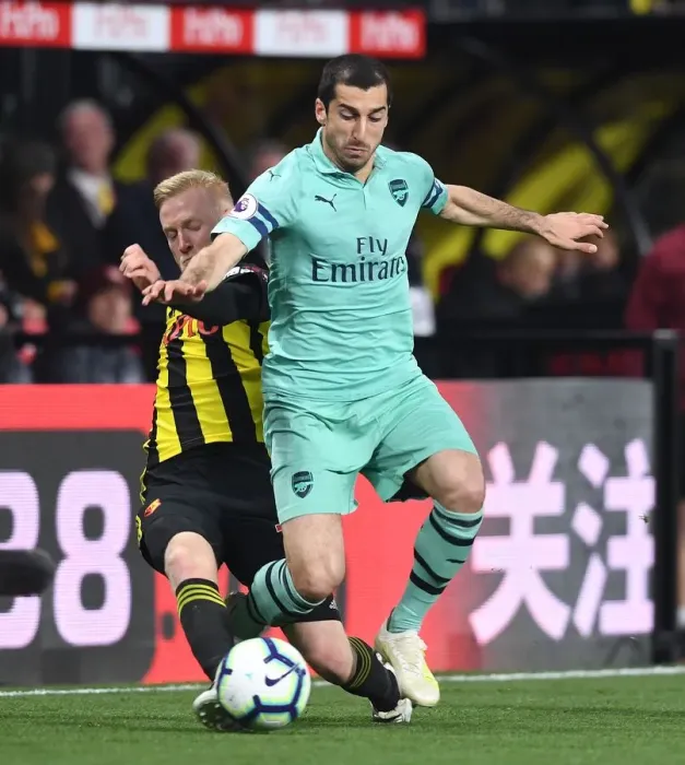 Framed Print : Mkhitaryan Breaks Past Hughes: Watford vs Arsenal, Premier League 2018-19